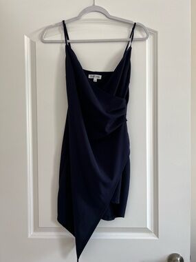Emerald Sundae Navy Asymmetrical Spaghetti Strap Dress